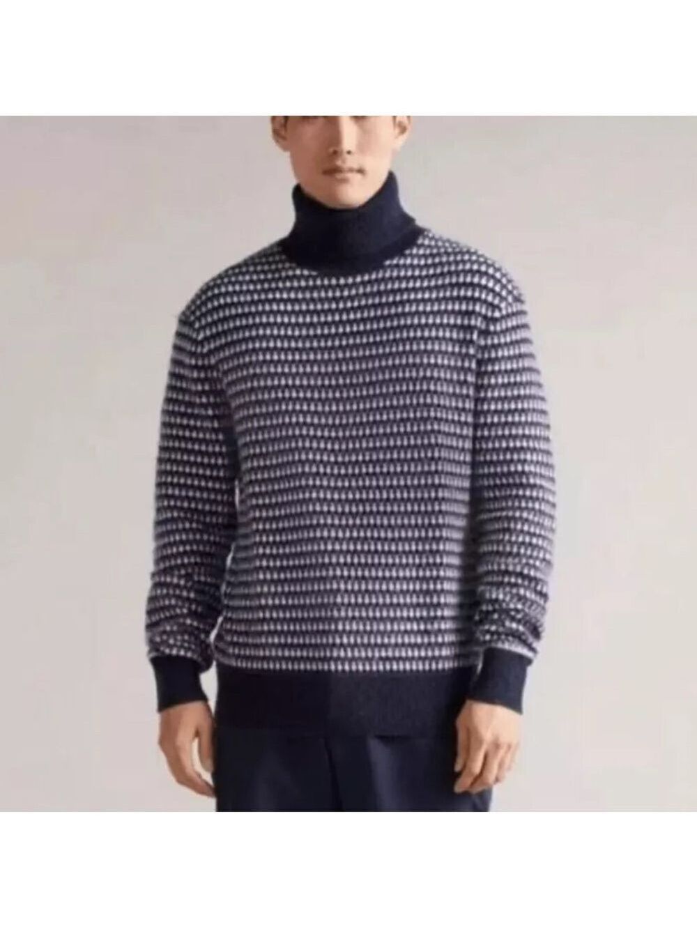 NEW Ted Baker Riber Roll Neck Wool Blend Sweater navy blue / white Sz 7 US XXXL